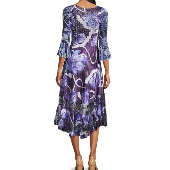 NEW Komarov V-Neck 3/4 Bell Sleeve Floral Print Mixed Media Aline Midi Dress - Picture 3 of 14